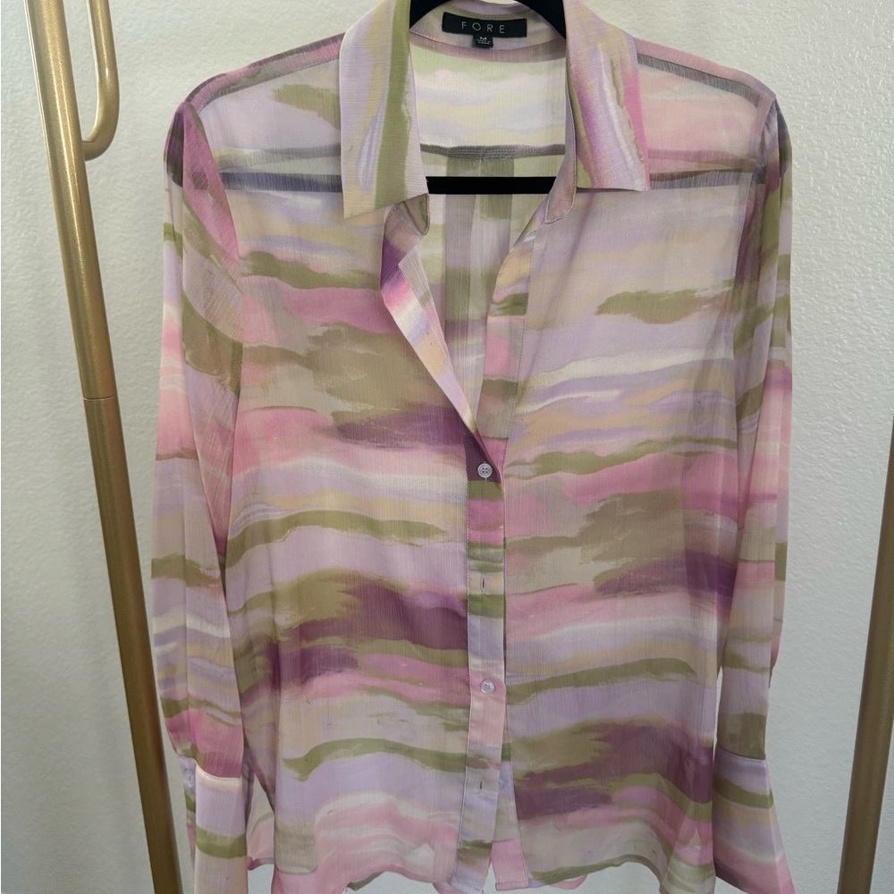 Colorful Sheer Button-Up Blouse